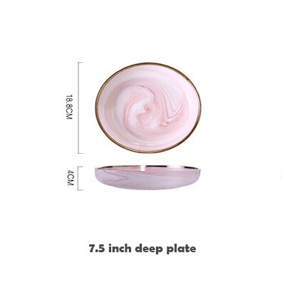 Plato cerámico rosa de mármol, 1 Uds., plato para comida, arroz, ensalada, fideos, Bol, sopa, plato de porcelana, juegos de vajilla, herramienta de cocina: 7.5 Inch Deep Plate