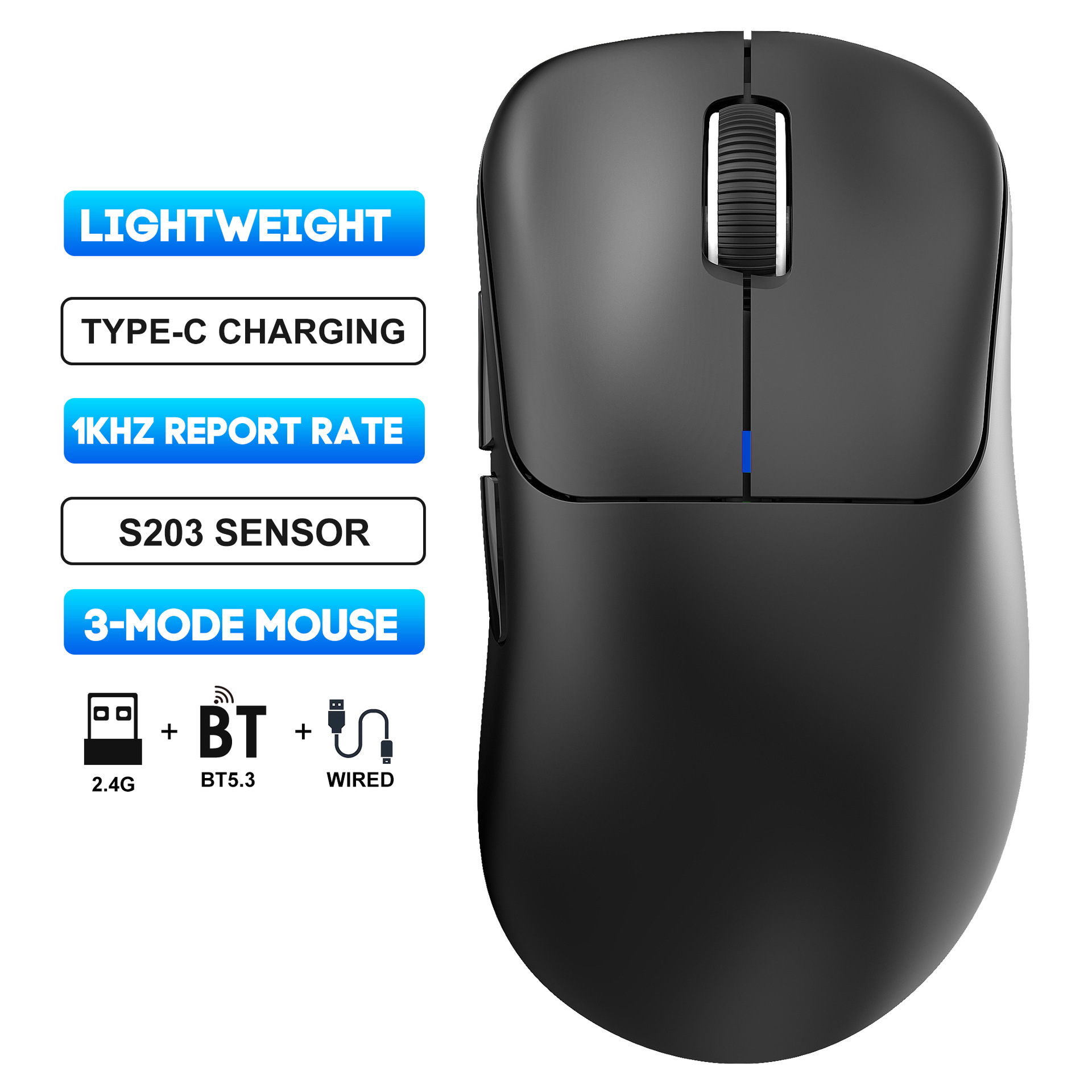 HXSJ T700 Triple-Mode Gaming Mouse - Wired/2.4G Wireless/BT5.3 - 10000DPI Light weight: black