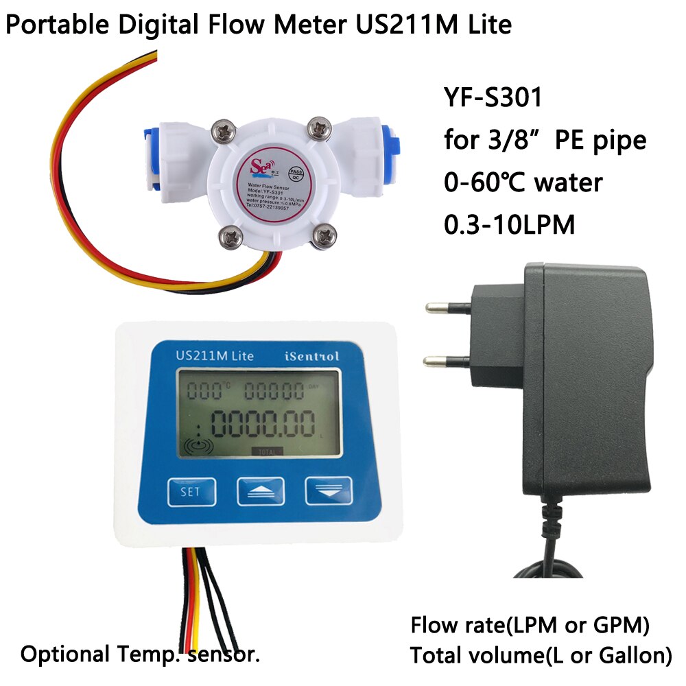 ISentrol-caudalímetro Digital portátil, Sensor de flujo de agua de turbina, barato, YF-S301, 0,3-10LPM, 60 grados, US211M Lite