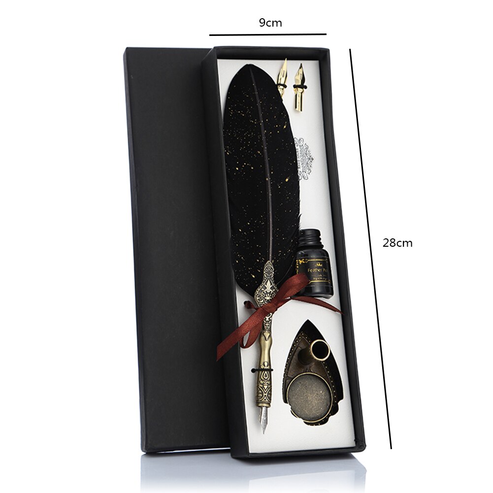Retro Calligraphy Feather Dip Pen with 2 Nib Set Quill Fountain Writing Vintage Stationery Classic Box without Ink: Black