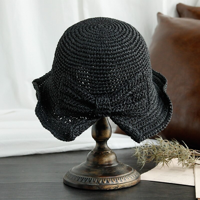 100% Raffia Boog Zonnehoed Brede Rand Floppy Zomer Hoeden Voor Vrouwen Strand Koepel Emmer Hoed Schaduw Hoed