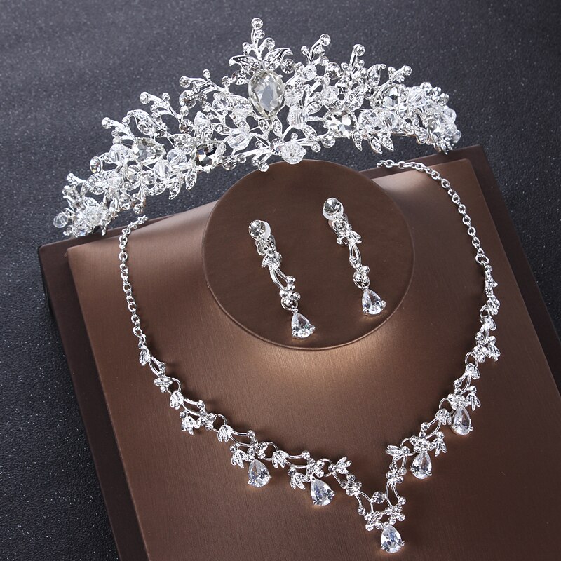 Barokke Luxe Zilveren Kleur Kristal Hart Bruids Sieraden Sets Kettingen Oorbellen Tiara Kroon Bruiloft Kralen Afrikaanse Sieraden Sets: 3Pcs Jewelry Set1
