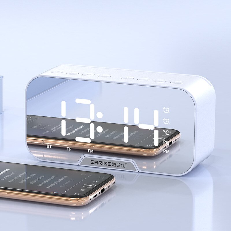 Digital fm radio alarm spejl multifunktion dual alarm mode elektronisk led bord ur trådløs bluetooth musikafspiller: Hvid