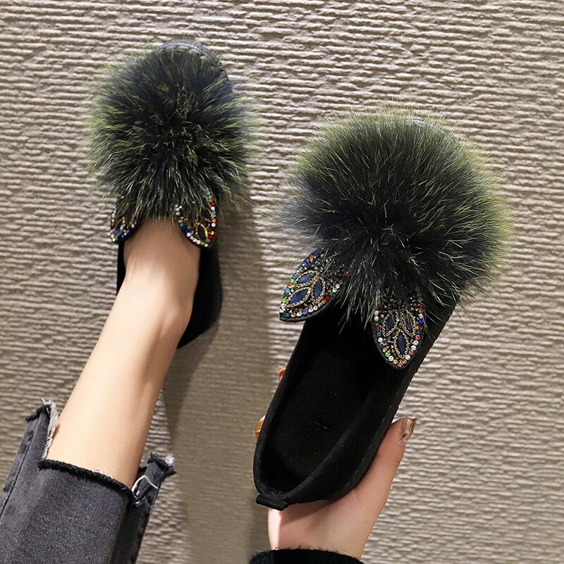 Winter Bont Flats Vrouw Schoenen Suède Muilezels Pluche Harige Mocassins Dames Casual Warm Houden Korte Pluche Schoenen Vrouwen Flats: green / 8.5