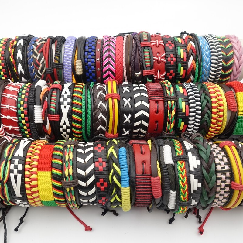 MIXMAX all&#39;ingrosso 50 pezzi bracciali polsino per uomo donna Mix stili fatti a mano in pelle gioielli moda regalo regalo scatola ridimensionabile confezionato