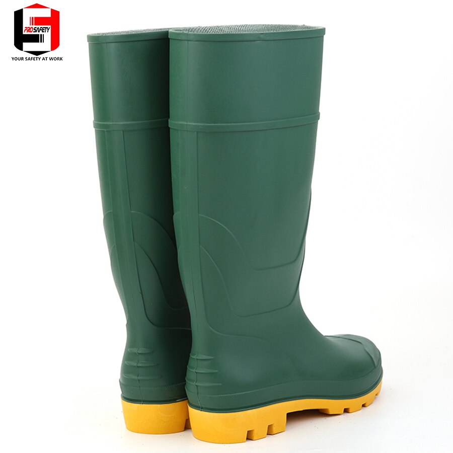 pvc rain boots for farming Green color yellow sole of shoe Industrial Safety Boots top low price waterpoof gum boots