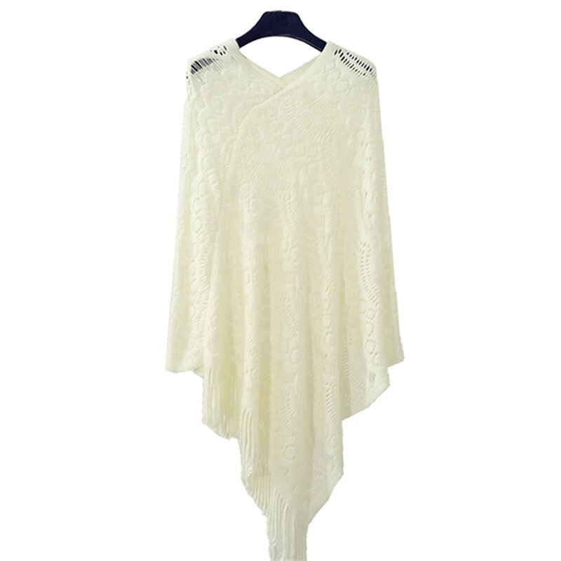 Artguy koselig, lett, heklet, kantet kantstrikket genser med poncho cape sjal: Hvit