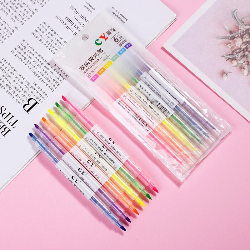 6Pcs/Setmarkers Pen Mildliner Highlighter Pennen Milde Liner Double Headed Fluorescerende Pen Leuke Art Tekening Mark Pen Briefpapier