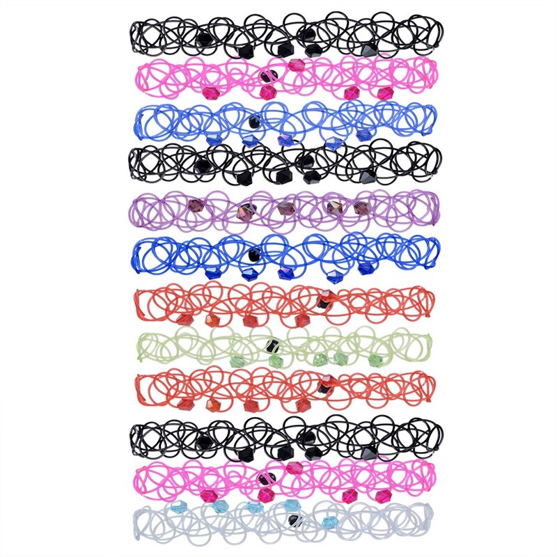 12 pcs/Set Fishline Tattoo Black Crystal Bracelets Vintage Stretch Henna Gothic Punk Elastic Hollow Wristbands Women Jewelry 4.9