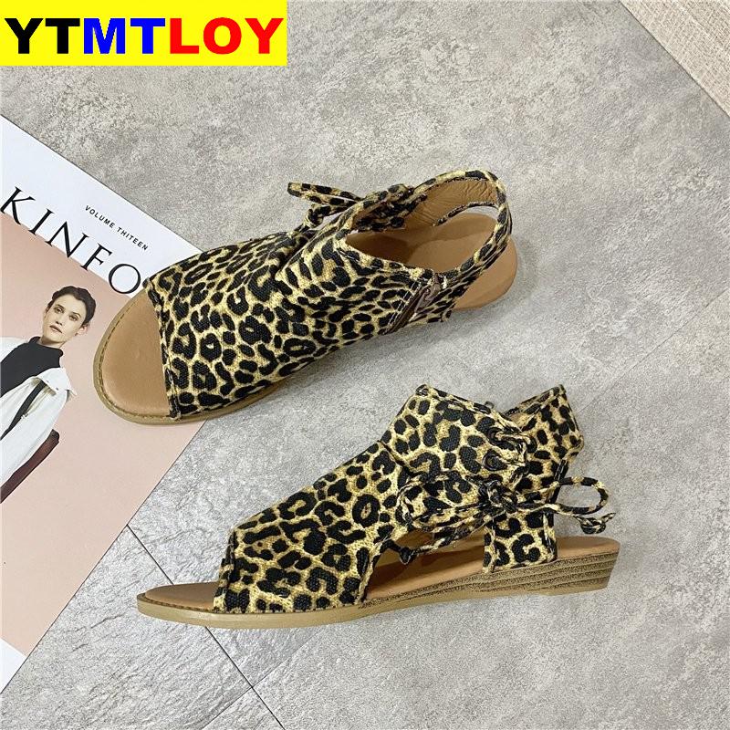 Sandalias Retro de verano para niña, Sandalias planas con punta abierta de leopardo, sandalias de mujer con cremallera para coser, zapatos de playa informales de para uso diario, tallas 37-41 para mujer