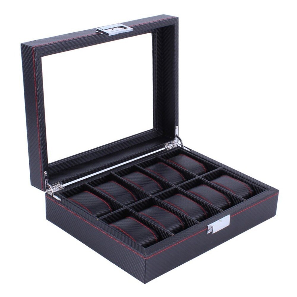 10 Grids Carbon Fibre Patroon Horloge Doos Horloge Houder Opbergdoos Sieraden Display Zwarte Kleur Case Organizer