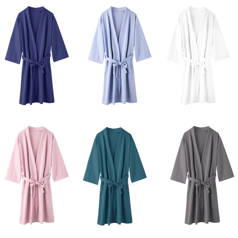 Unisex Loose Belted Quick Dry Bath Robe Waffle Weave Open Front Kimono Nightgown X5XD