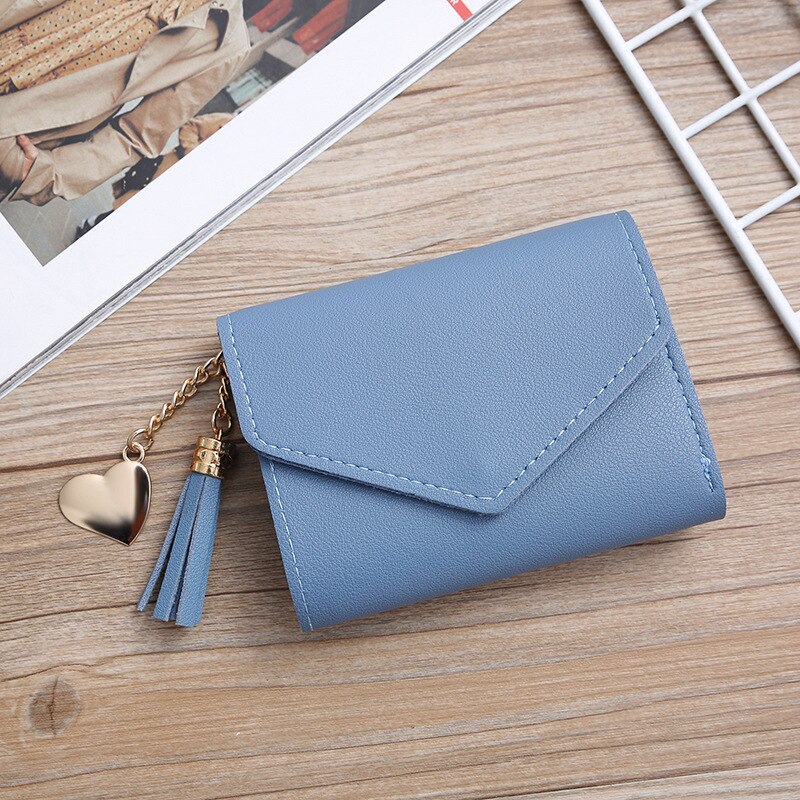 Women Wallet Cute Student Tassel Heart Pendant Short Wallet Small PU Wallet Coin Purse Ladies Card Bag For Women: light blue