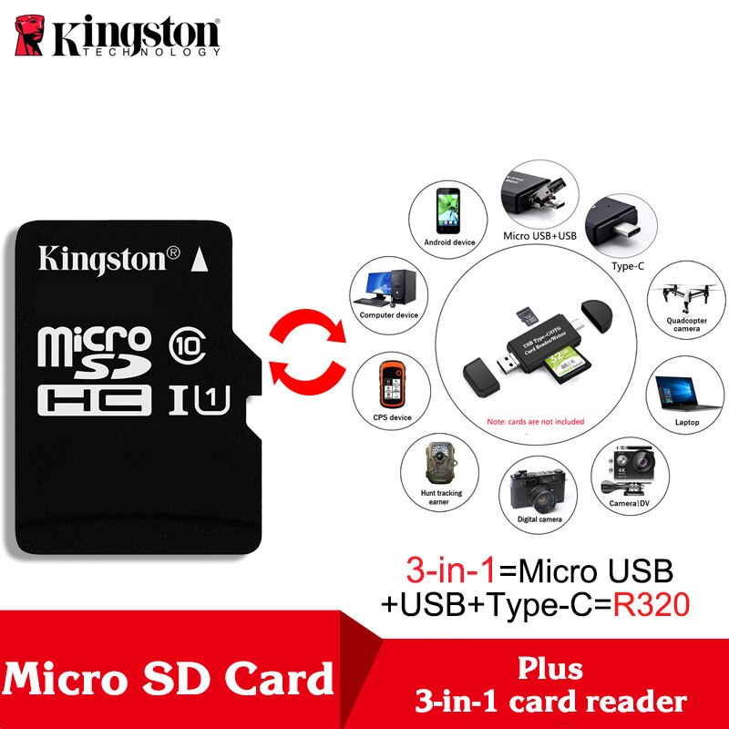 100% Original Kingston micro sd 128gb 64gb memory card 16 cartao de memoria sdhc 32gb class 10 cartes with Adapter: K-TF-16G-R320