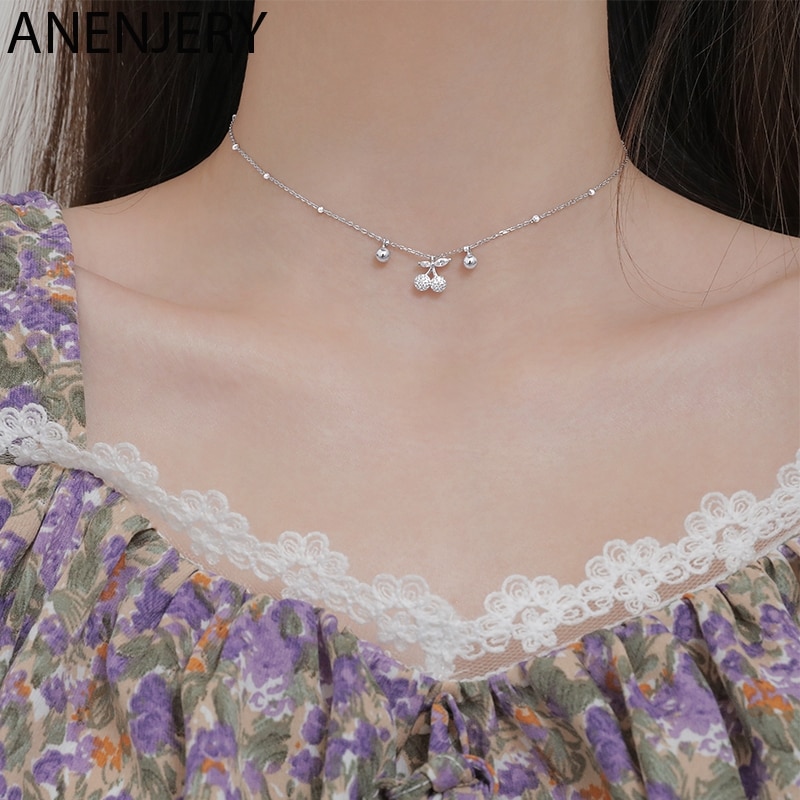 ANENJERY Glittering Zircon Cherry Tassel Bead Pendant Necklace for Women Fruit Clavicle Chain Dainty Necklace S-N688