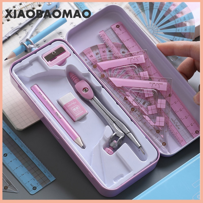 8pcs=1 Set School Metal Compass Cute Girl Stationery Student Drawing Compasso Geometry Math Drafting Tools (Included Box Pencil)