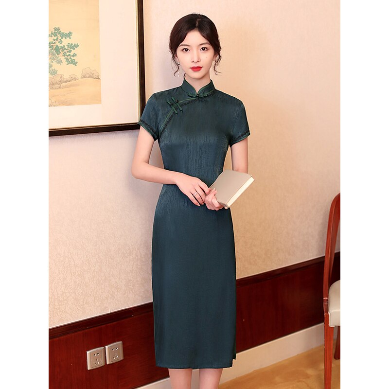 Cheongsam informal con cremallera en la espalda para mujer, vestido ajustado de manga corta con cuello de doble capa, estilo fino, liso, china, ropa de calle