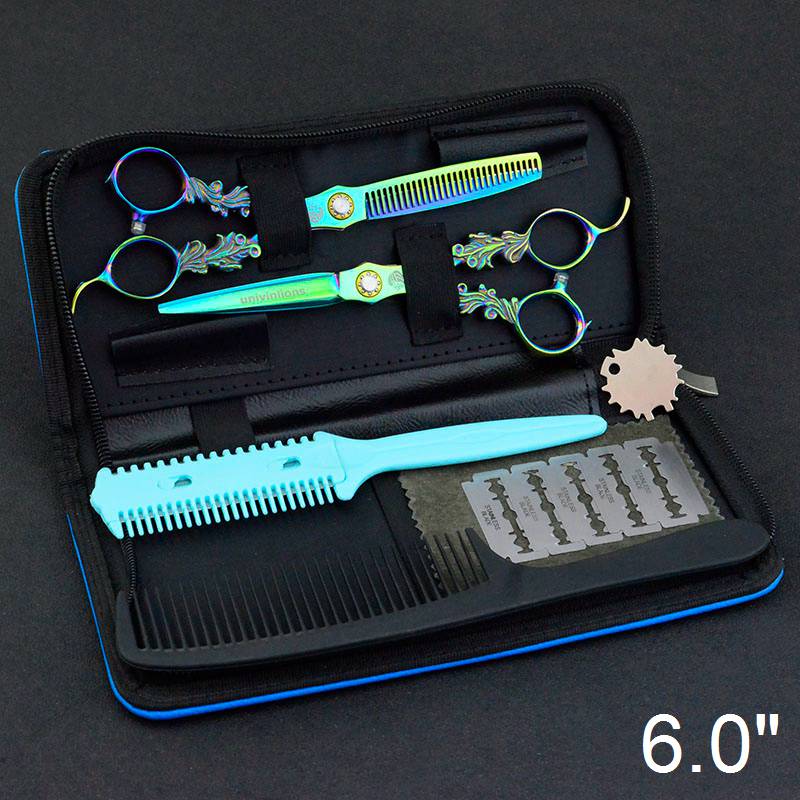 6" univinlions Rainbow 440C barber scissors hairdressing cut hairstyle salon clippers japanese hair cutting shears: 6055-Kit Case