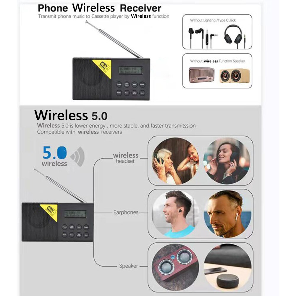 Mini-tragbares digitalradio mit 3.5mm stereo-sendern, bluetooth-fähig, 5.0 fm dab-sendern, wecker, radioplayer und teleskopantenne