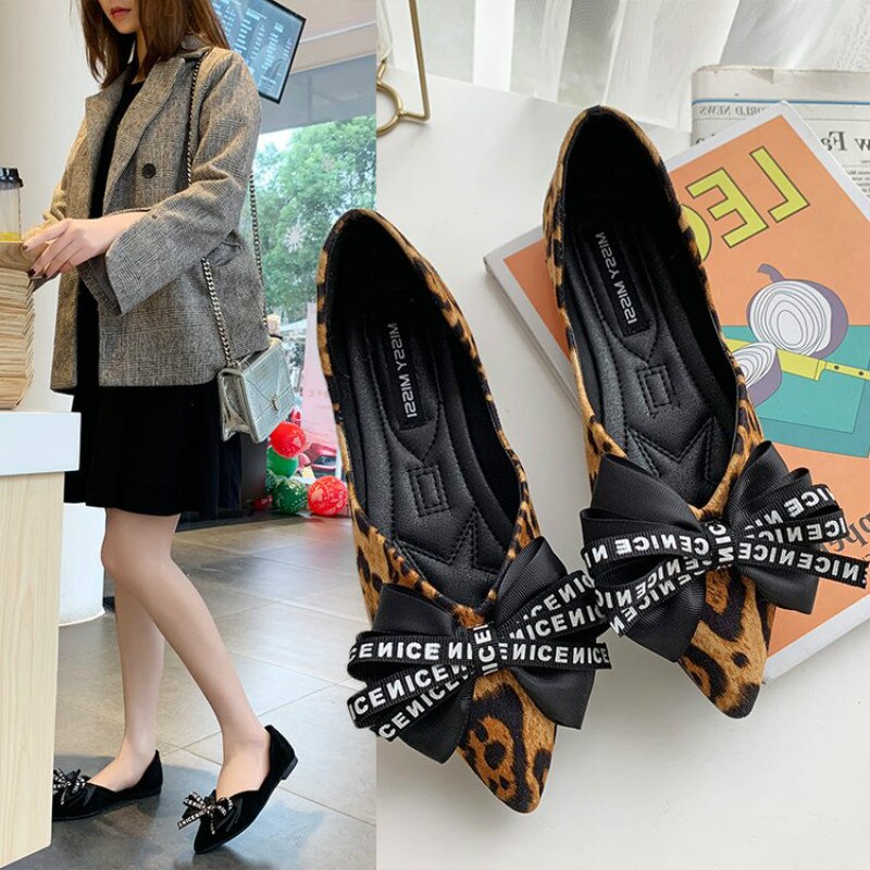 Zapatos planos con lazo grande para mujer, mocasines de punta con estampado de leopardo, informales, para y oficina, Primavera,