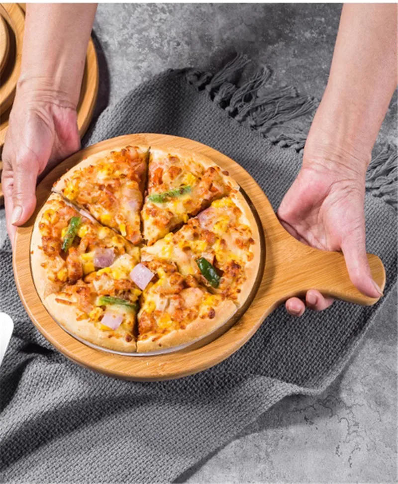 Wooden Pizza board Round with Hand Pan Baking Tray Stone Cutting Board Platter Pizza Bamboo Cake Bakeware Tools rejilla para