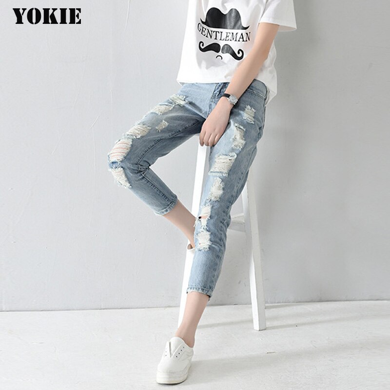 De talla grande 25-32 agujero Mujer Vaqueros pantalones de tobillo longitud pantalones novios para mujer jeans ajustados de mujer