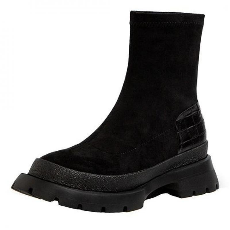 Nova moda feminina deslizamento em salto baixo costura rebanho plataforma botas femininas casual estilo confortável sapatos pretos botas mujer: 37