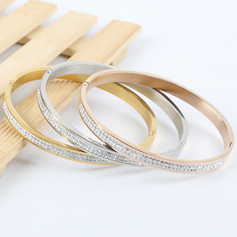 Joyería de 3 colores oro rosa plata dos filas de diamantes de imitación de cristal pavimentan pulseras de acero inoxidable brazaletes para mujeres de niña