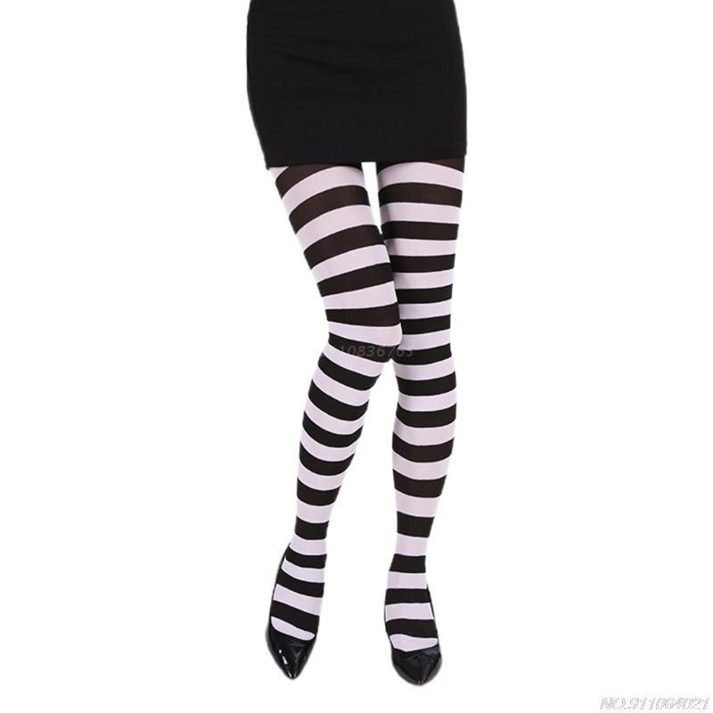 Women Girls Rainbow Multicolor Striped Tights Opaque Stockings Full Length Slim Pantyhose for Christmas Halloween Cosplay au20: Black and white