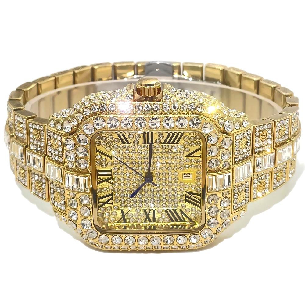 Luksuriøst guldur til mænd i rustfrit stål quartz armbåndsur herre hiphop iced diamant firkantet ur reloj hombre