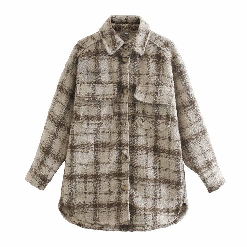 Puwd vintage dames losse kameel old school geruite overhemd dames herfst oversized bovenkleding vrouwelijke casual zak jassen: Ik