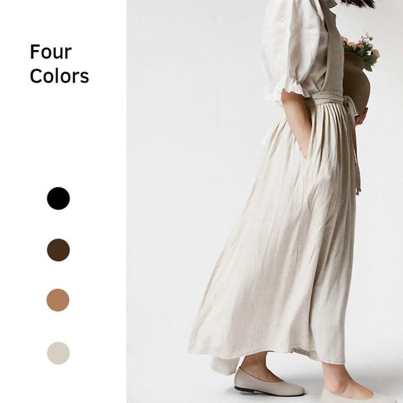 Japanese Apron Pinafore Dress Korean Work Gown Apricot with Long Waist Tie for Women Kitchen Cooking Baking Robe TJ3648