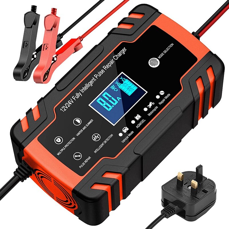 Portable Car Battery Charger,8A 12V/4A 24V Intelligent Pulse Repair Charger for Car, Motorcycle, Lawn Mower-UK Plug: Default Title
