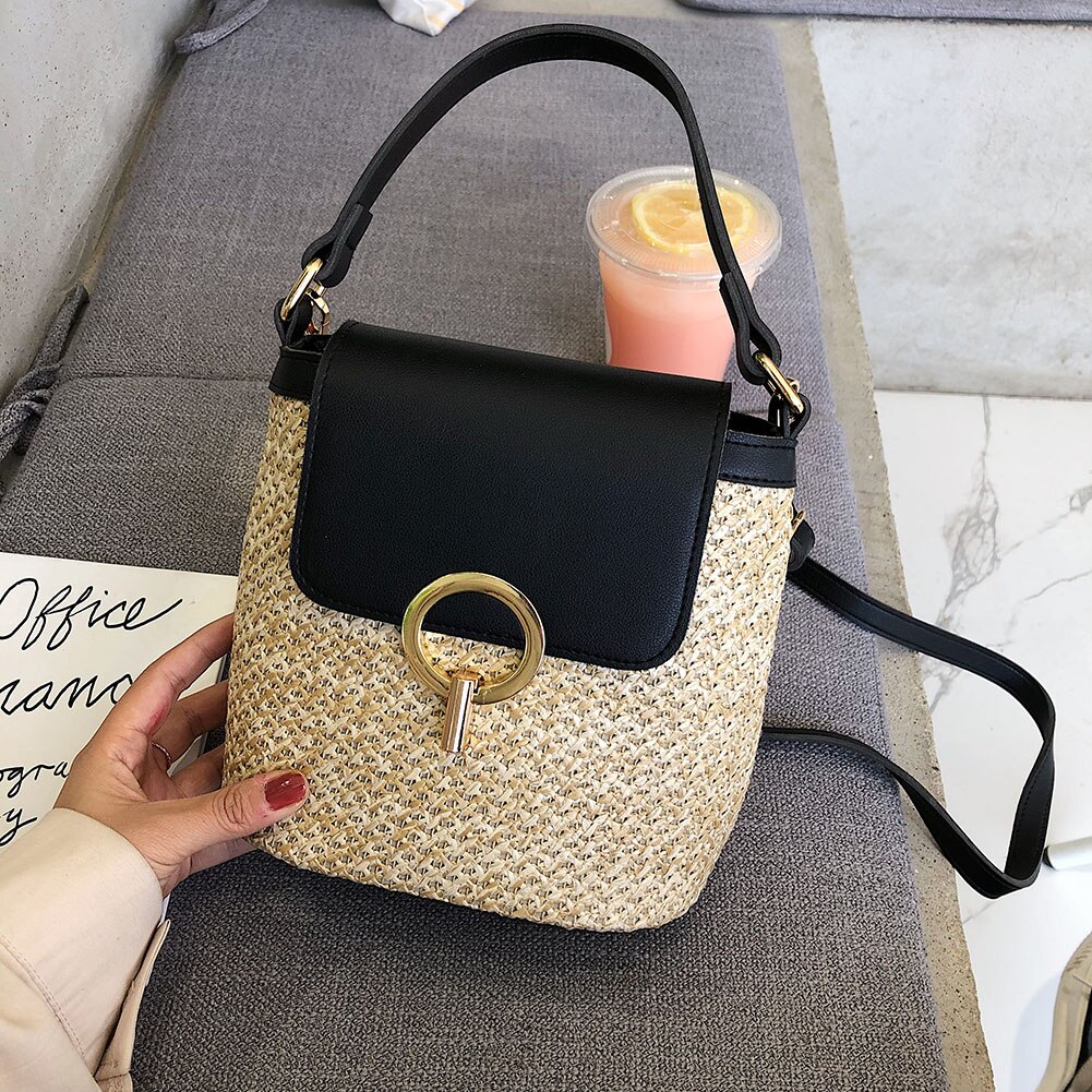 Women Straw Weave Shoulder Bags for Women Summer Bucket Handbags Summer Beach Totes Travel Shoulder chain Bags: Black
