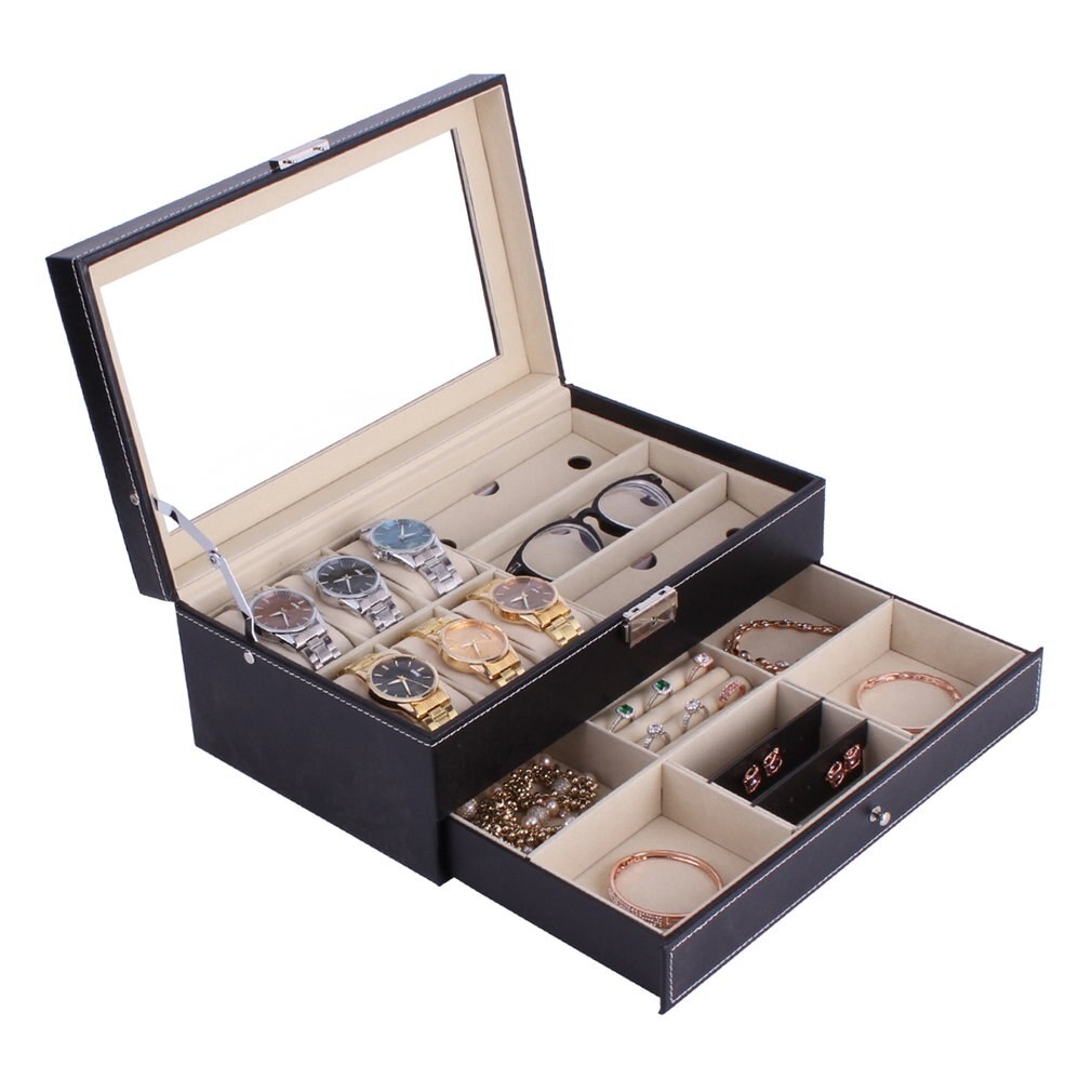 Multifunctional Double Layers Wooden Jewelry Watch Storage Box Sunglasses Watch Display Slot Case Box Container
