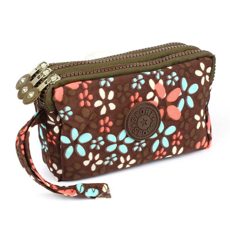Cartera de tela de lona con 3 cremalleras para mujer, monedero de flores, bolso de mano, billetera para niña