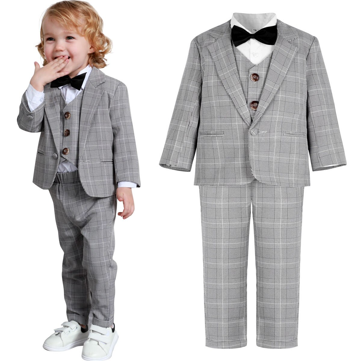 Baby Boy Wedding Pak Peuter Formele Gentleman Tuxedo Infant Winter Verjaardagsfeestje Casual Mode Outfit Set 5Pcs: grey / 18-24 Months