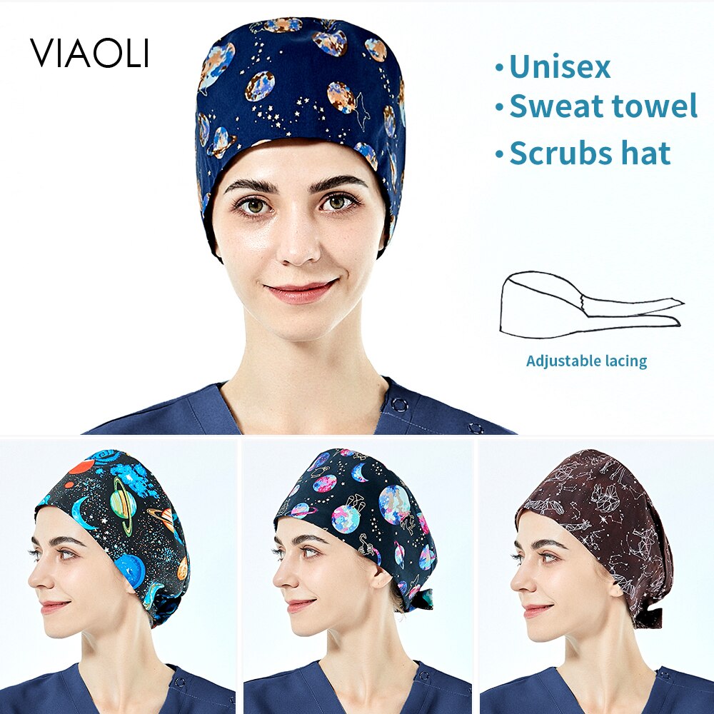 Unisex tannhelsesjekk scrubs caps pet grooming arbeidshatter justerbar stjernehimmel utskrift scrubs dame caps med svettebånd