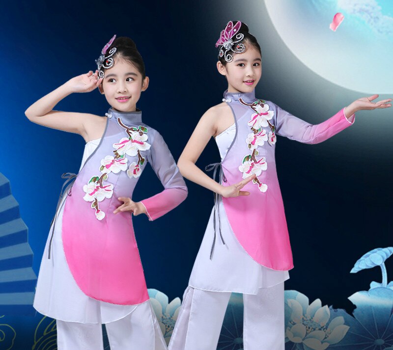 Traje de danza folclórica tradicional china para niños, ropa de danza yangko para niñas, ropa de escenario para niños, ropa de danza con abanicos de minorías étnicas