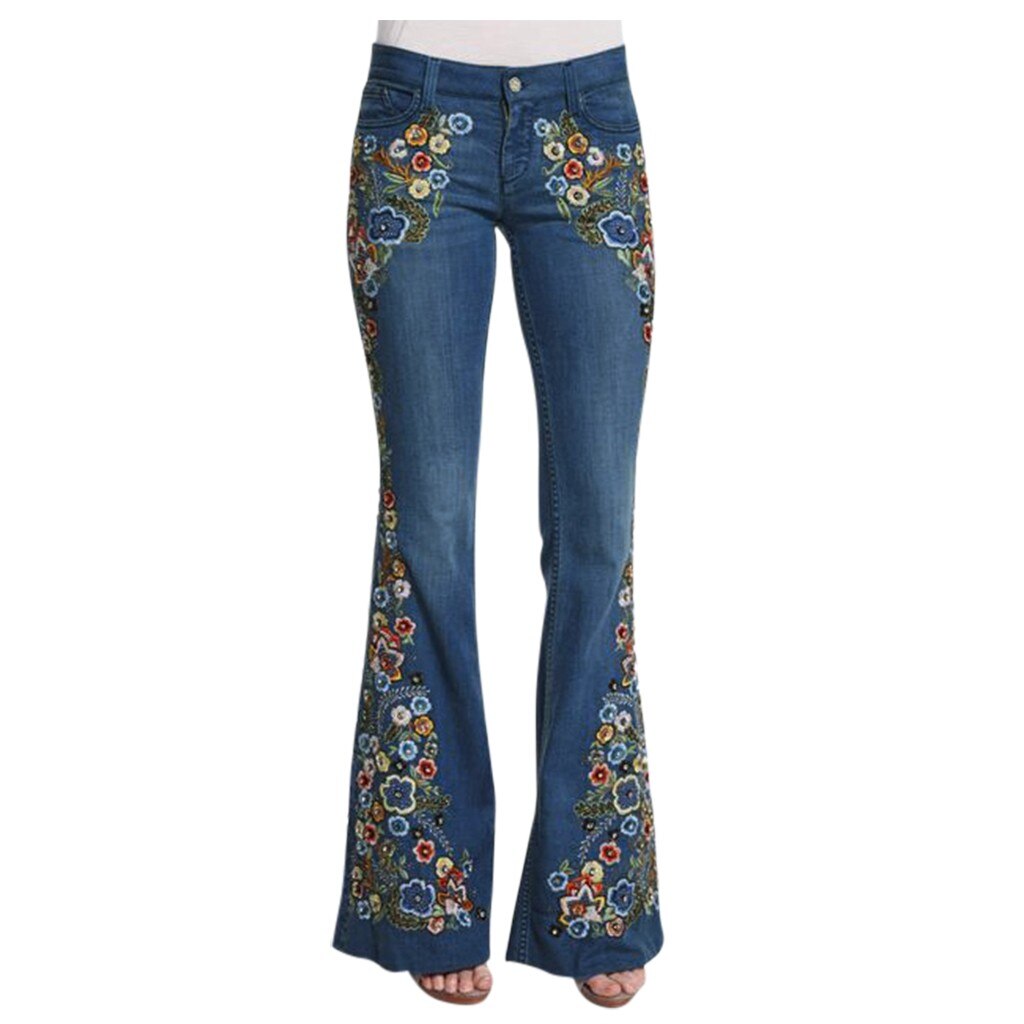 Femmes broderie Flare jean bouton taille cloche bas Denim pantalon été décontracté pantalon 2.22