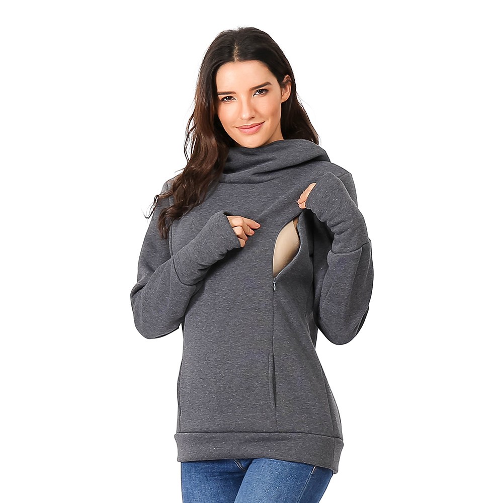 Women's Nursing Pregnant Maternity Long Sleeves Hooded Breastfeeding Hoodie Sweatshirts Nursing Baby Tops Clothes: Deep Gray / XL