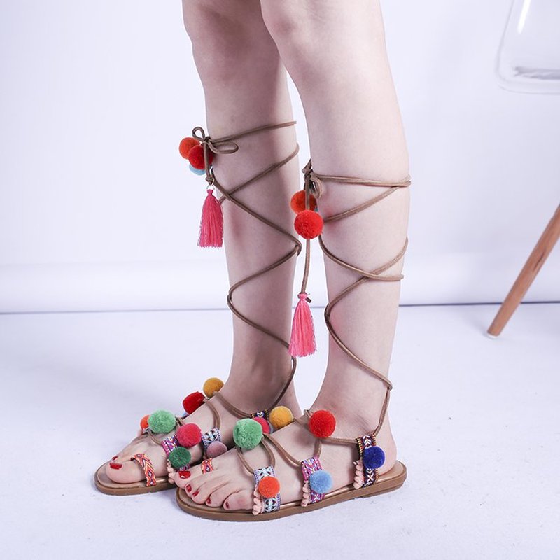 Bohemian estilo azul cielo Pom Sandalias planas con cordones flecos playa vestido zapatos dulces Color mezclado borla chanclas