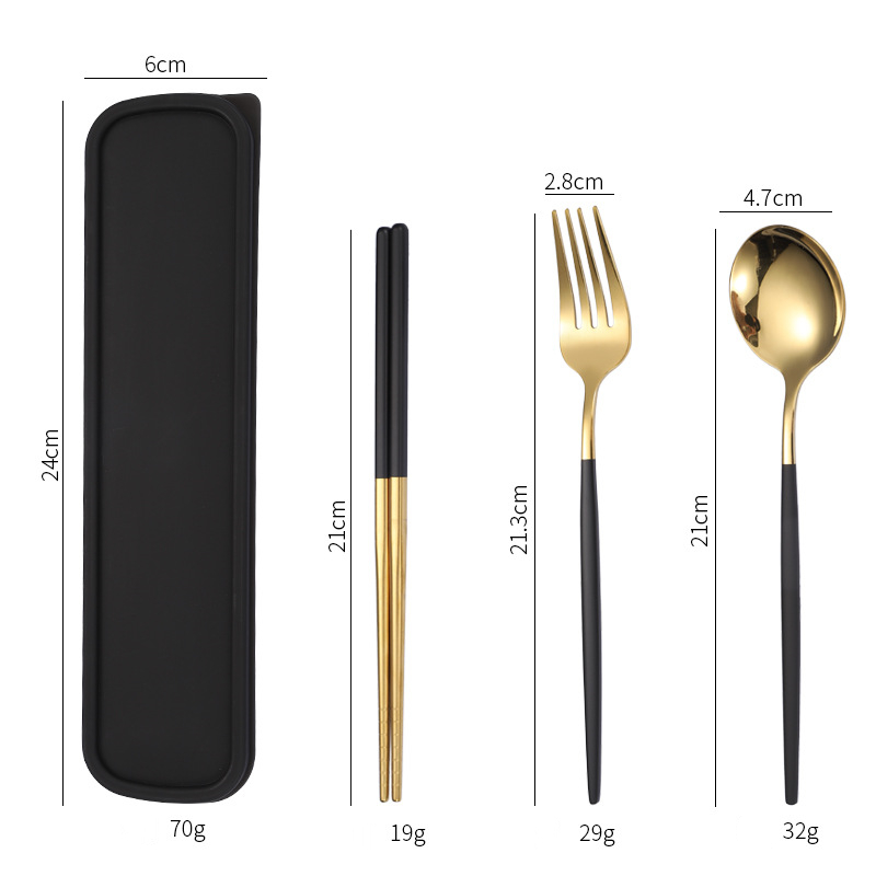 Stainless Steel Dinner Tableware Set Cutlery Knife Fork Spoon Dinnerware Set With Box Tools Travel Tableware Set: 3Pcs Black Gold