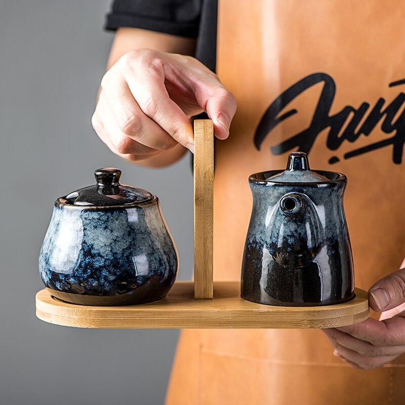 Japanese Style Ceramic Seasoning Pot Porcelain Pepper Salt Pot Simple Style Cruet Restaurant Household Decorative Spice Pot Set