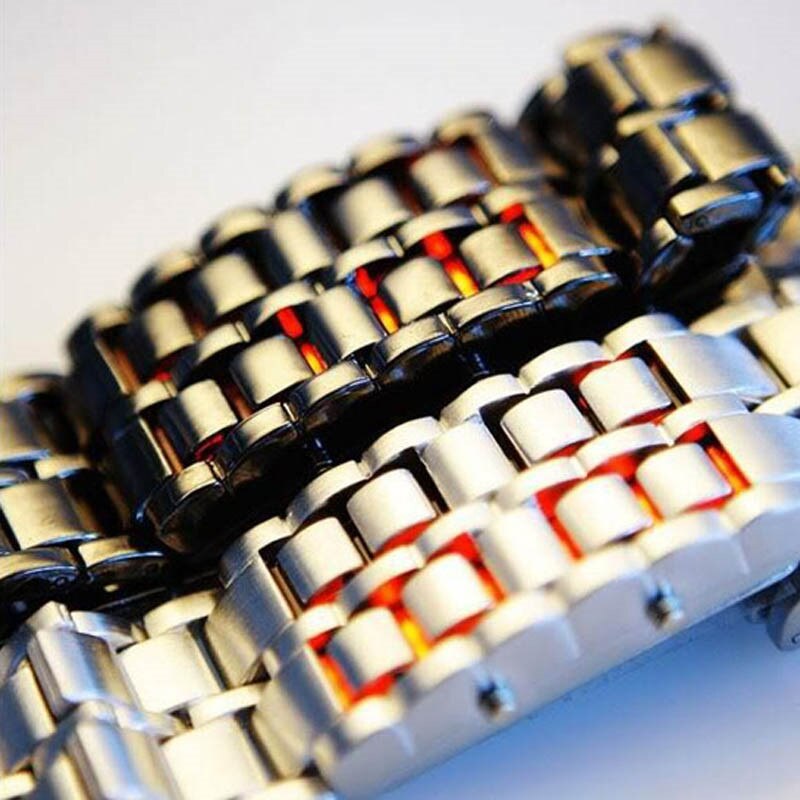 Men Women Lava Iron Samurai Metal LED Faceless Bracelet Watch Wristwatch Full steel Fire digital watch