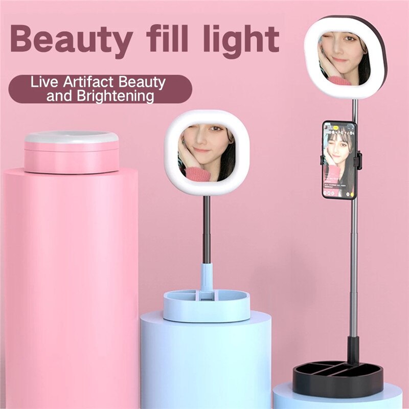 Dimmbare LED Ringlicht - Tragbare Selfie Lampe mit Spiegel & Handyhalterung - USB - 3 Farben, 5 Stufen