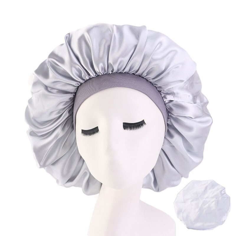 Satin hætte ensfarvet turban kemo hat kvinder bred elastik fast nattesøvn huer skullies kemo hue: Sølvfarvet