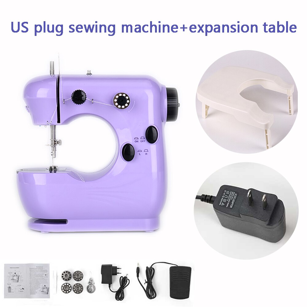 Sewing Machine Mini Portable Electric Household Pedal Multifunctional With Night Light Handmade DIY Purple For Beginners: US plug with table