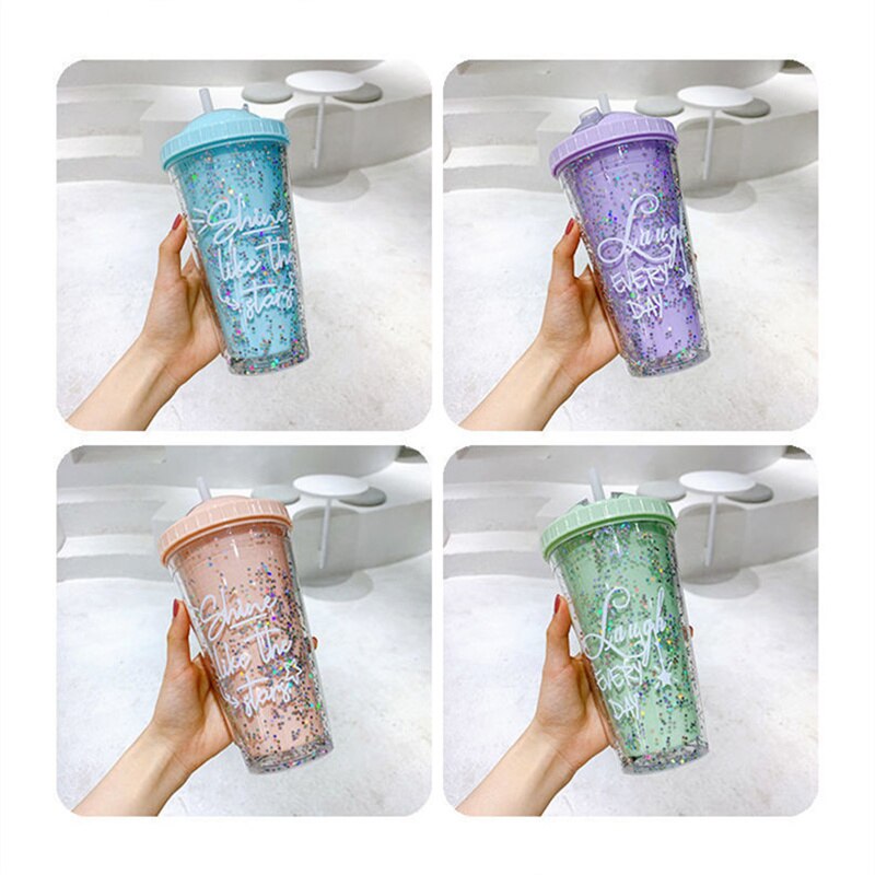 Straw Cup Double Layer Eco-Friendly Plastic Drinkware Ins Girl Water Cup Anti-fall Milk Coffee Cups For Home Office J170