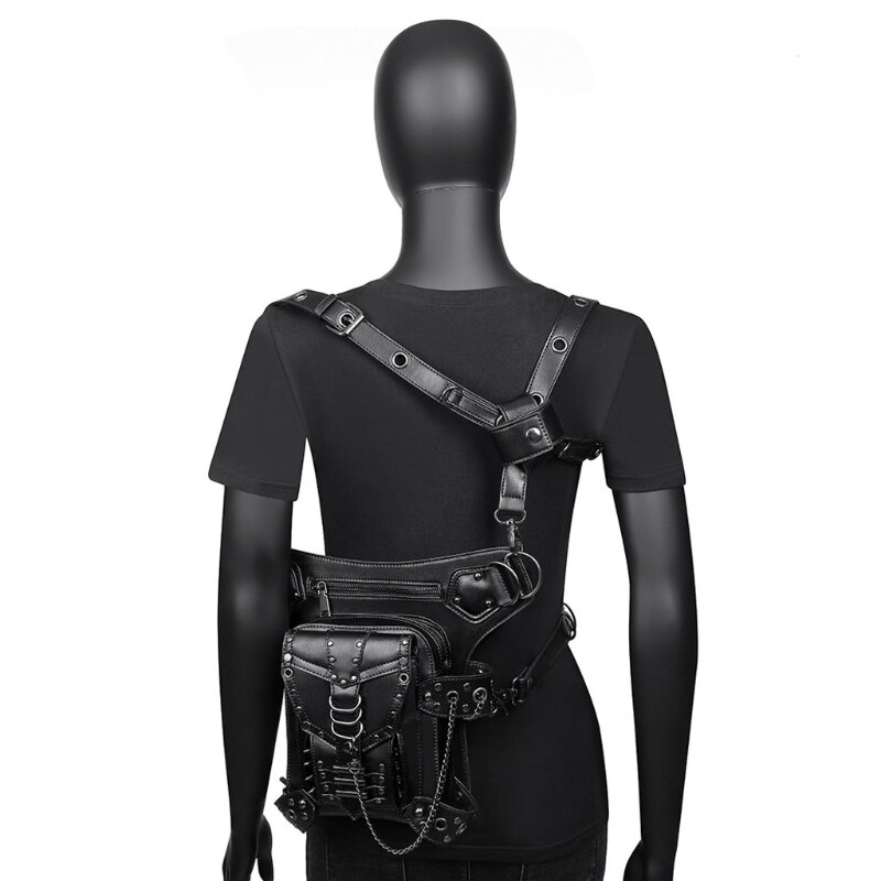 Meisje Gothic Heuptas Fanny Pack Lederen Steampunk Zak Kant Zak Reizen Purse Black Pu Leer Modieuze En Unieke